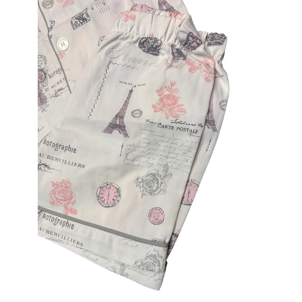 Petite Plume Girls Paris Musings Classic Short Pajama Set White Pink Size 2 NEW